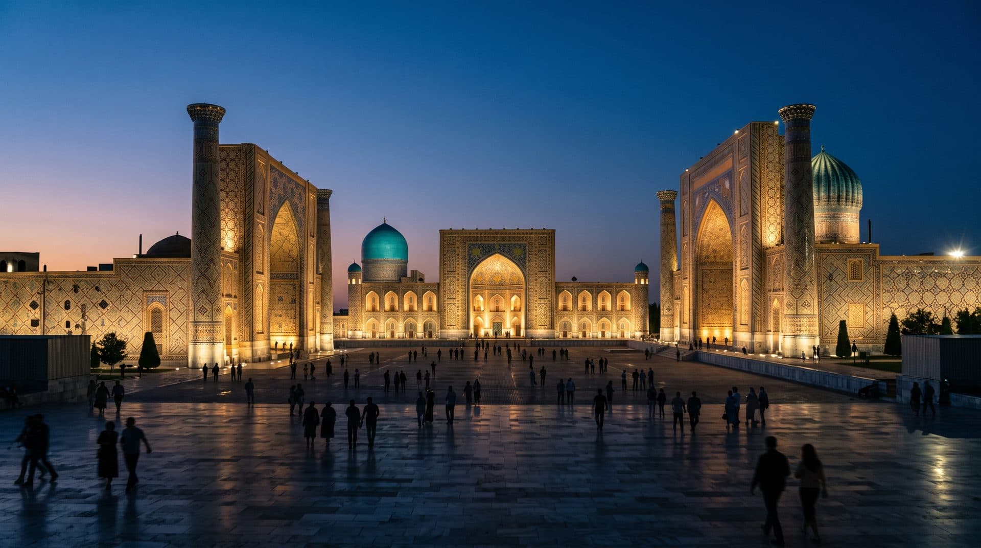The Registan Square in Samarkand at blue hour